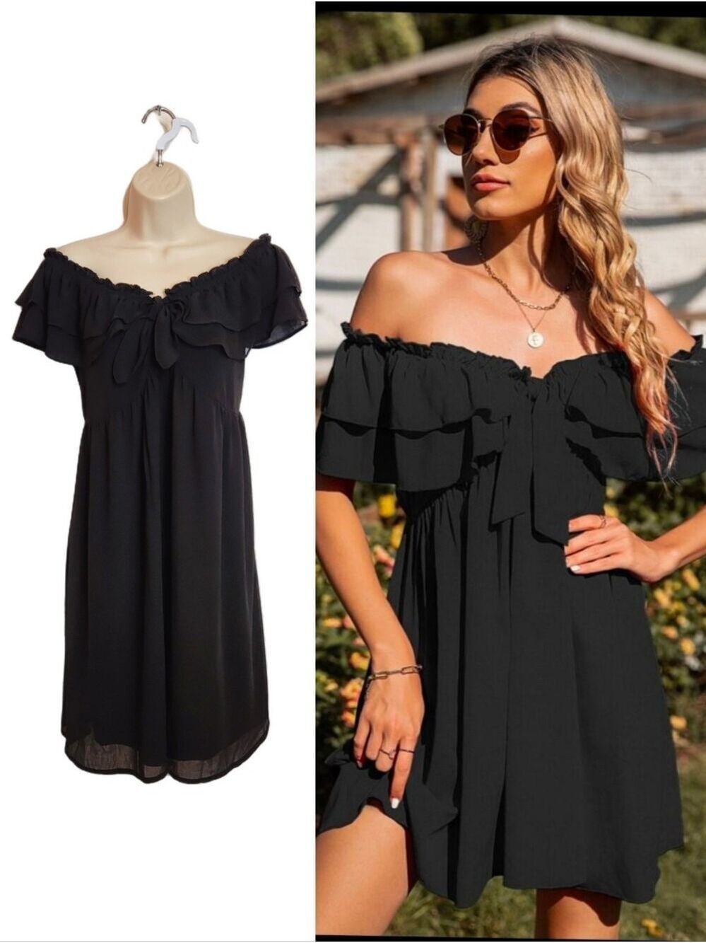 Black Mini Dress Large Off The Shoulder Ruffle Tie Front